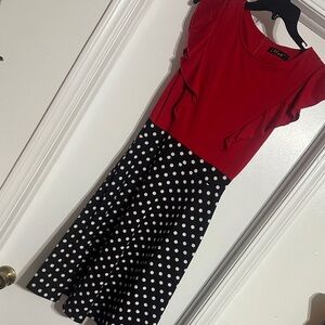 Elegant Red and Black Polka Dot Midi Dress